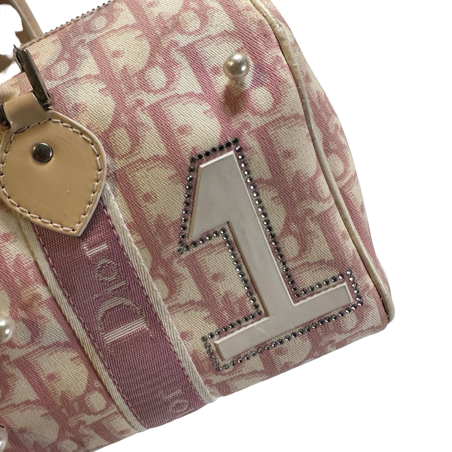 Used DIOR Canvas Trotter Boston Handbag Pink PHW
