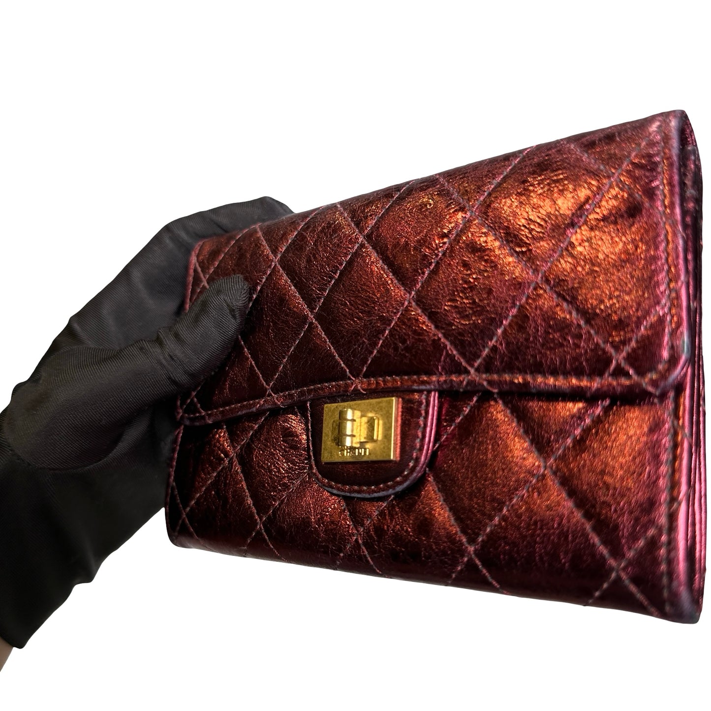 Used CHANEL Quilted Aged Calfskin 2.55 Flap Wallet Wallet Burgundy Metallic
