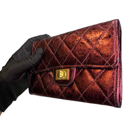 Used CHANEL Quilted Aged Calfskin 2.55 Flap Wallet Wallet Burgundy Metallic