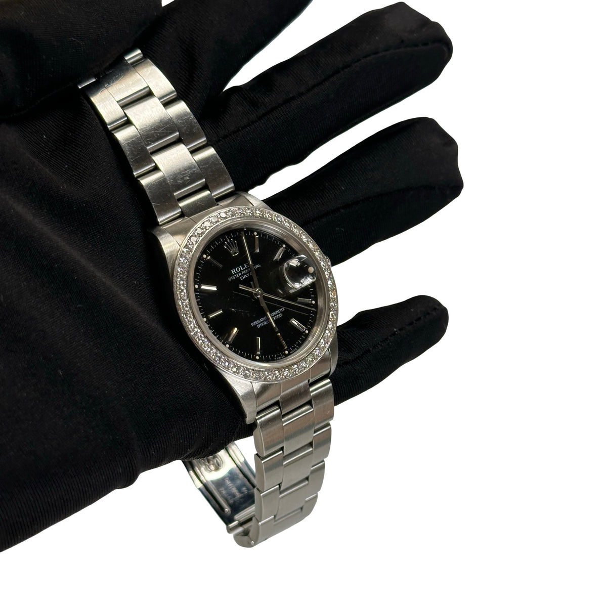 Used ROLEX Stainless Steel Diamond Bezel Oyster Perpetual Date Watch Silver Black