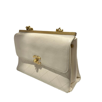 Used CHANEL Quilted Smooth Leather Small Coco Luxe Flap Bag Handbag White Gold