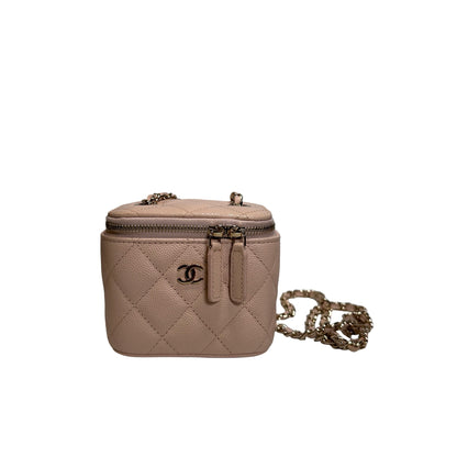 Used CHANEL Caviar Quilted Mini Vanity with Classic Chain Vanity case Beige Light Pink