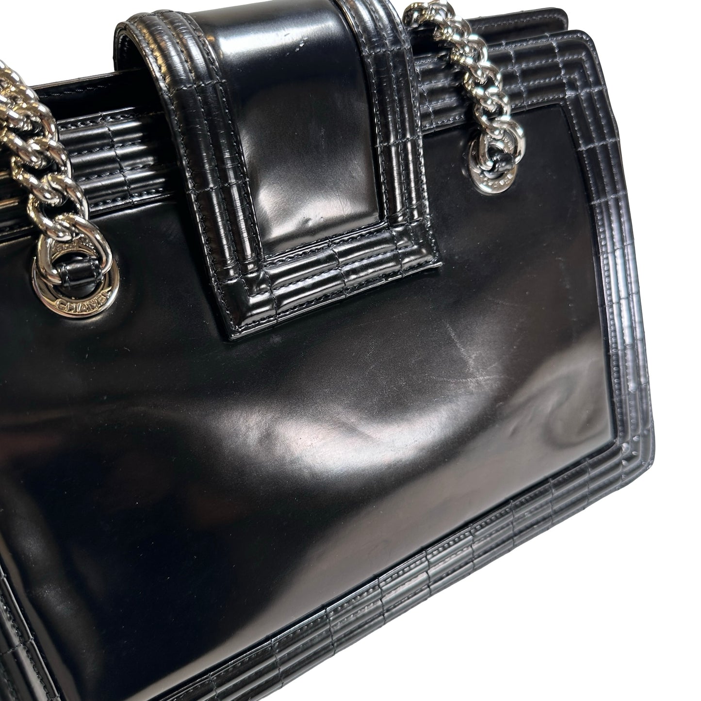 Used CHANEL Patent Leather Boy Shopping Tote Tote Bag Black PHW