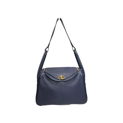 Used HERMES Clemence Lindy 26 Handbag Navy GHW