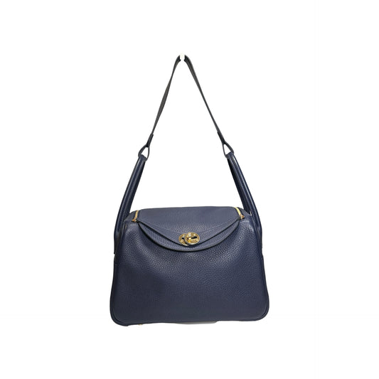 Used HERMES Clemence Lindy 26 Handbag Navy GHW