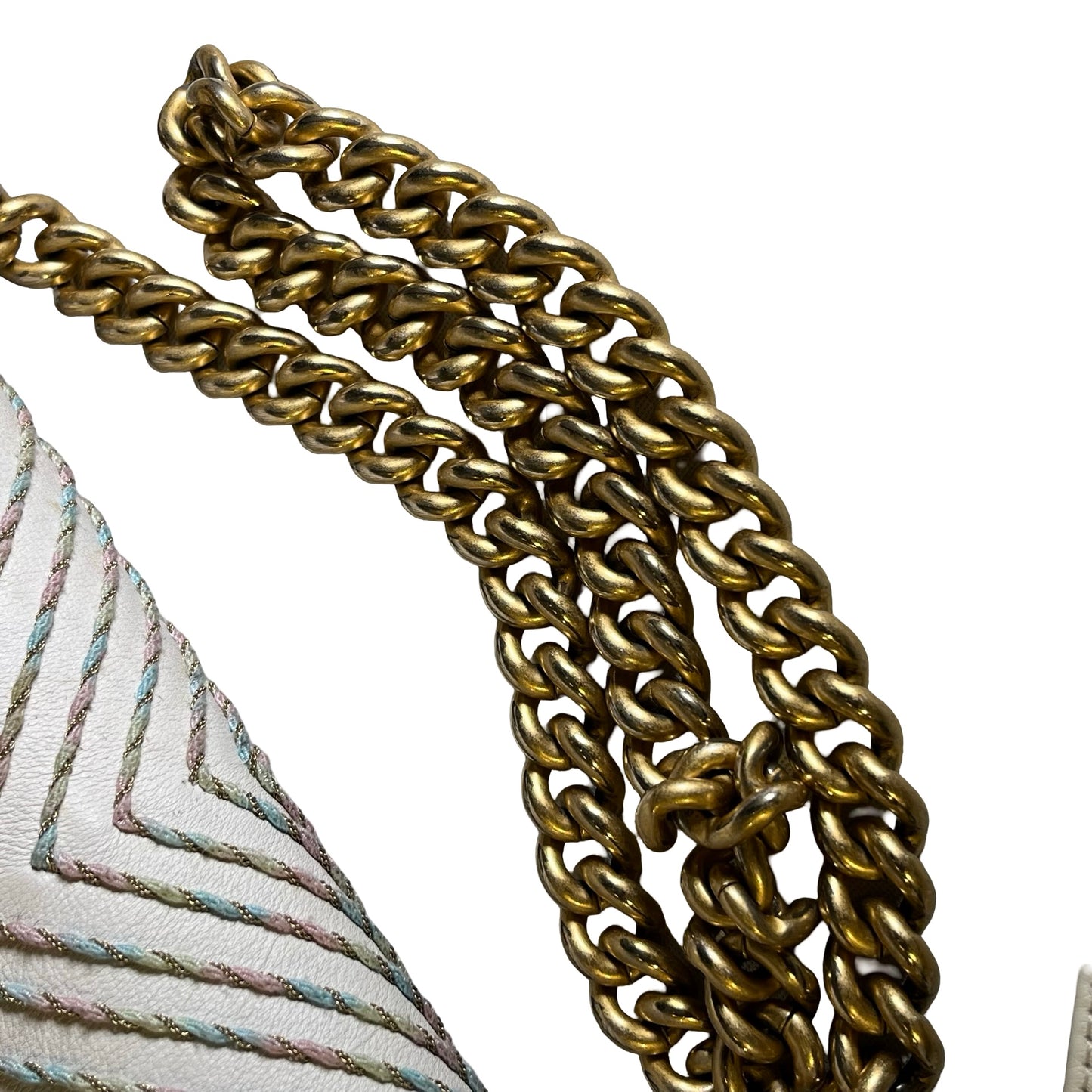 Used CHANEL Chevron Leather Boy Bag Chain Shoulder Bag White Multi-color