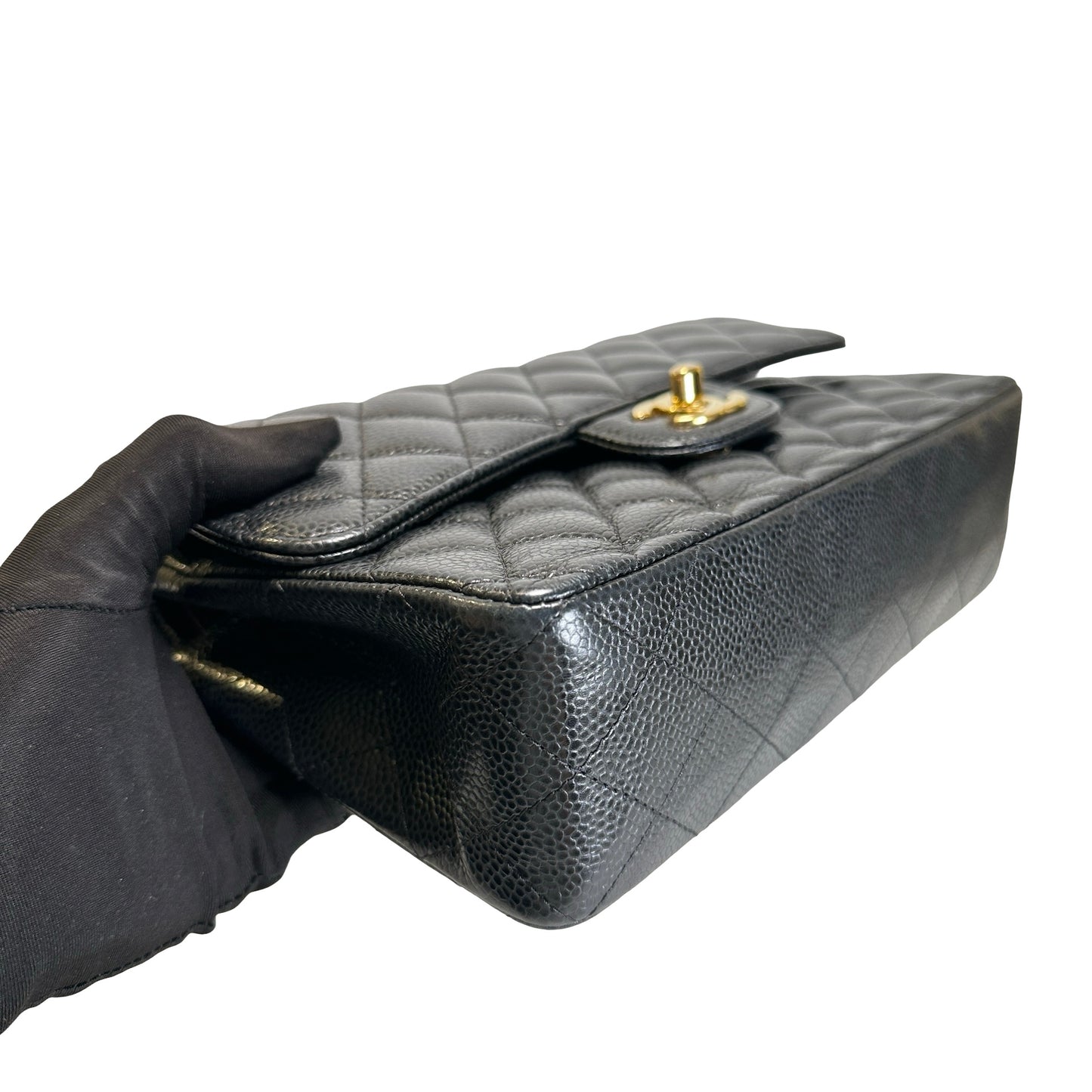 Used CHANEL Quilted Caviar Classic Flap Shoulder Bag Black Gold