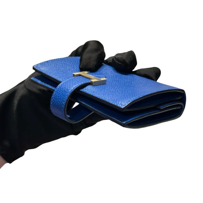 Used HERMES Epsom Bearn Card holder Blue Gold Hardware