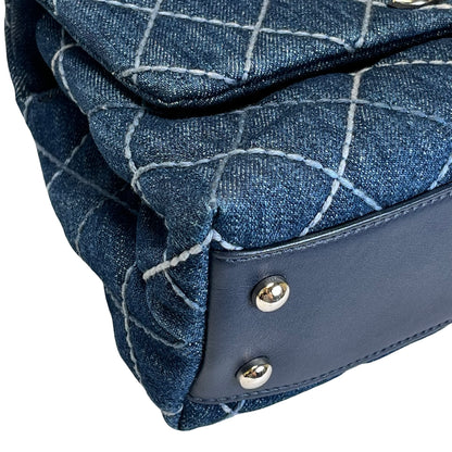 Used CHANEL Quilted Denim Coco Handle Small Handbag Denim Navy
