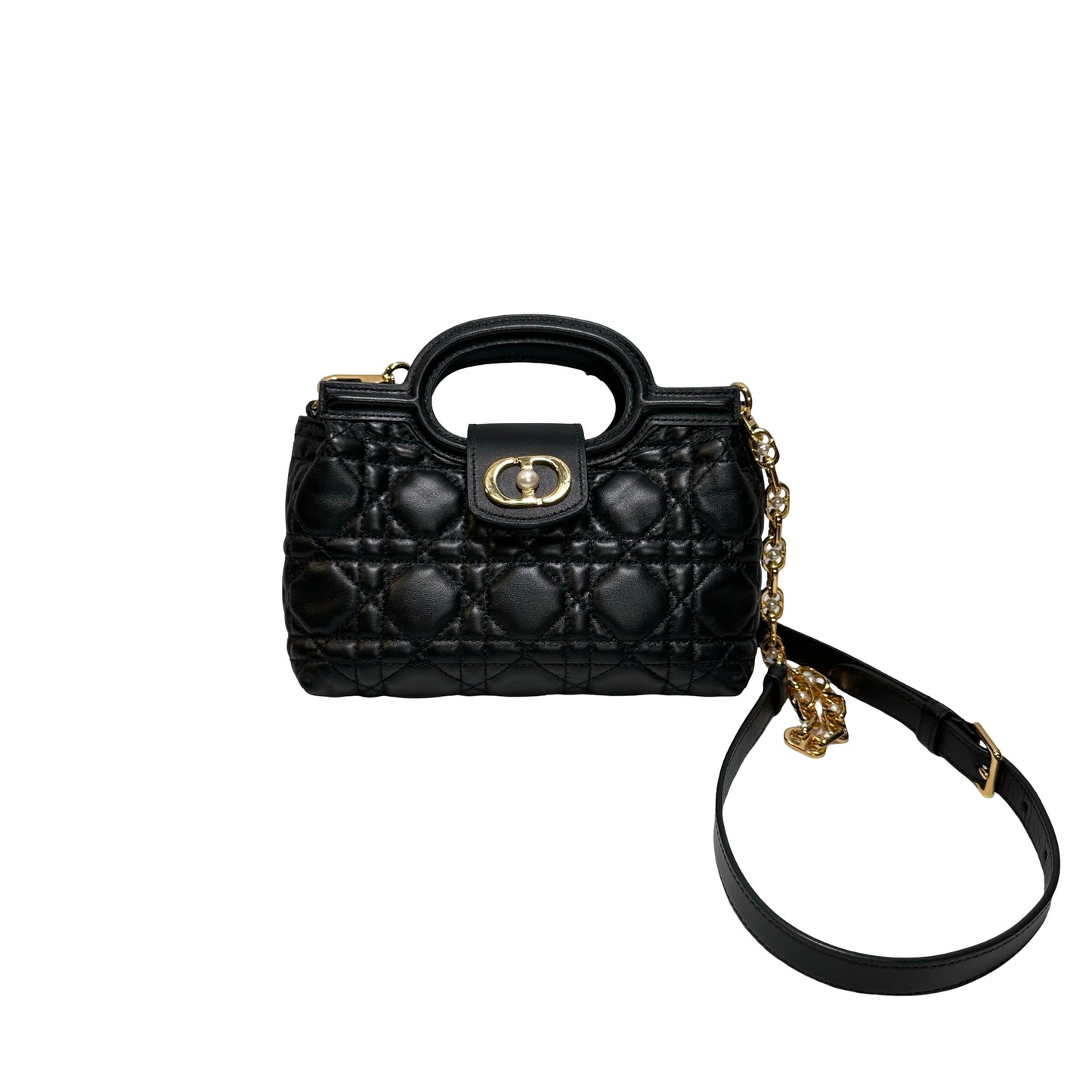 Used Dior Lambskin Leather Jolie Top Handle Cross Body Bag Black GHW
