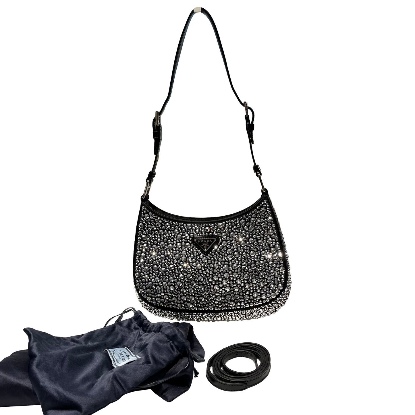 Used Prada Crystal Crystal Cleo Shoulder Bag Black PHW