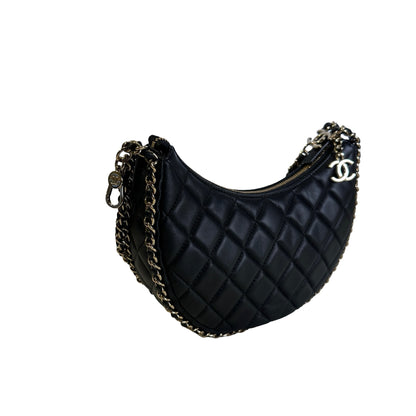 Used CHANEL Quilted Leather Quilted Hobo Hobo Bag Black Gold