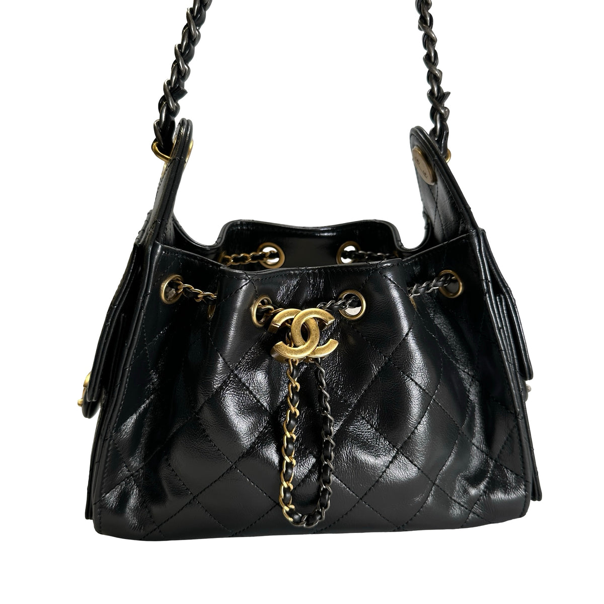 Used CHANEL Quilted Leather Chanel 25 Mini Handbag Black Gold