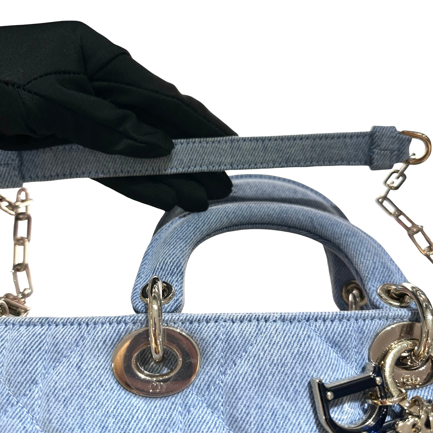 Used DIOR Denim Cannage D-Joy Medium Two Way Shoulder Bag Light Blue