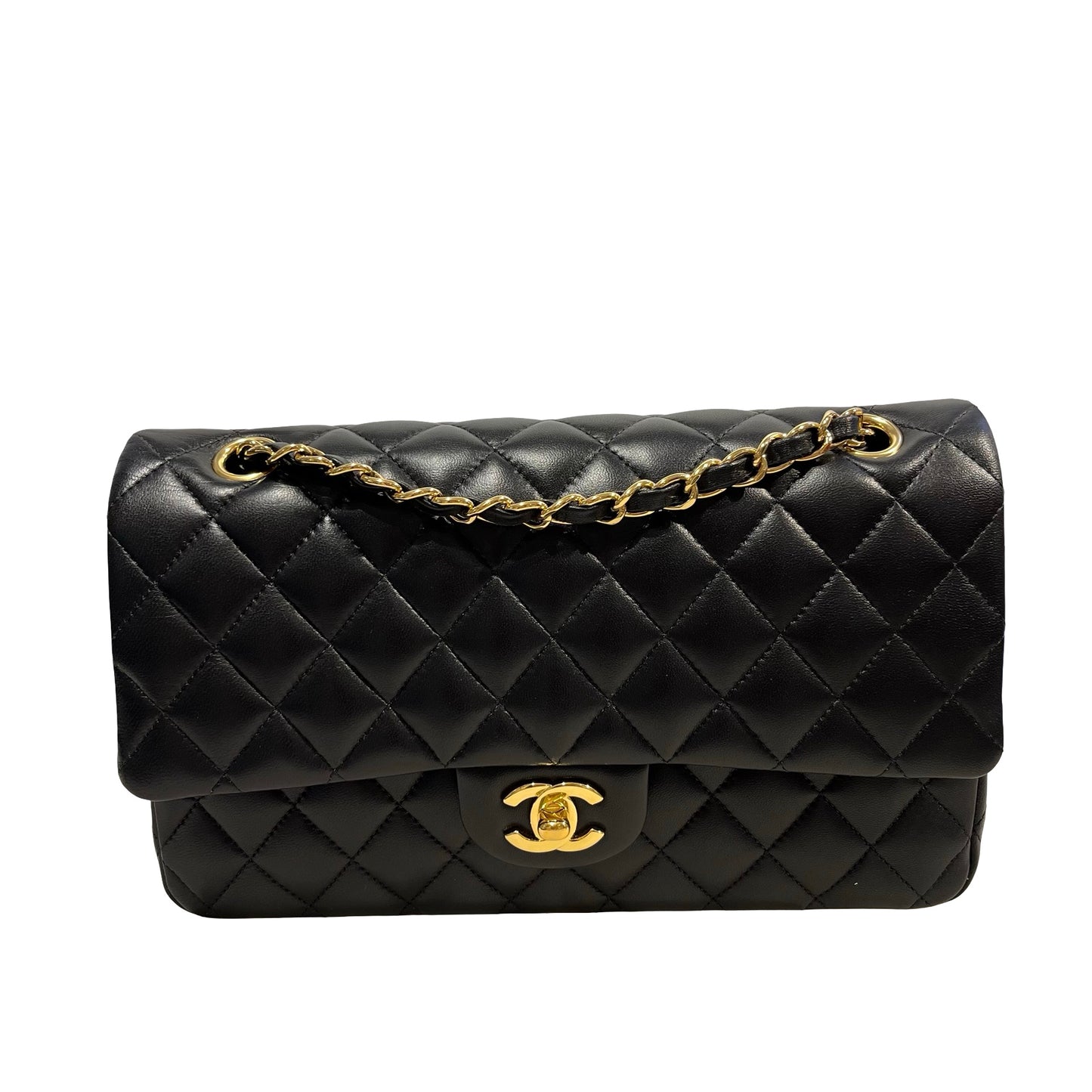 Used CHANEL Quilted Lambskin Classic Flap Chain Shoulder Bag Black Gold