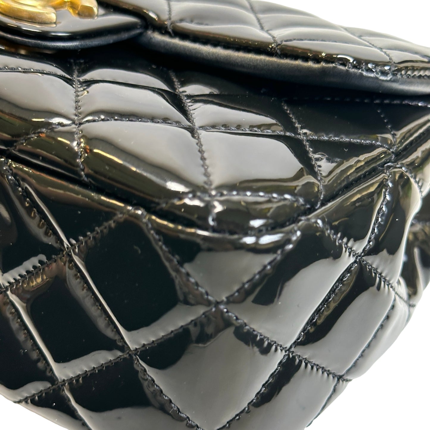 Used CHANEL Quilted Patent Leather Flap Bag Chain Shoulder Bag Black Gold