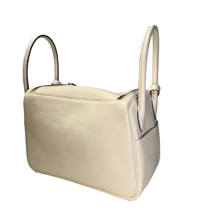 Used HERMES Leather Clemence Lindy Handbag Cream Off-White