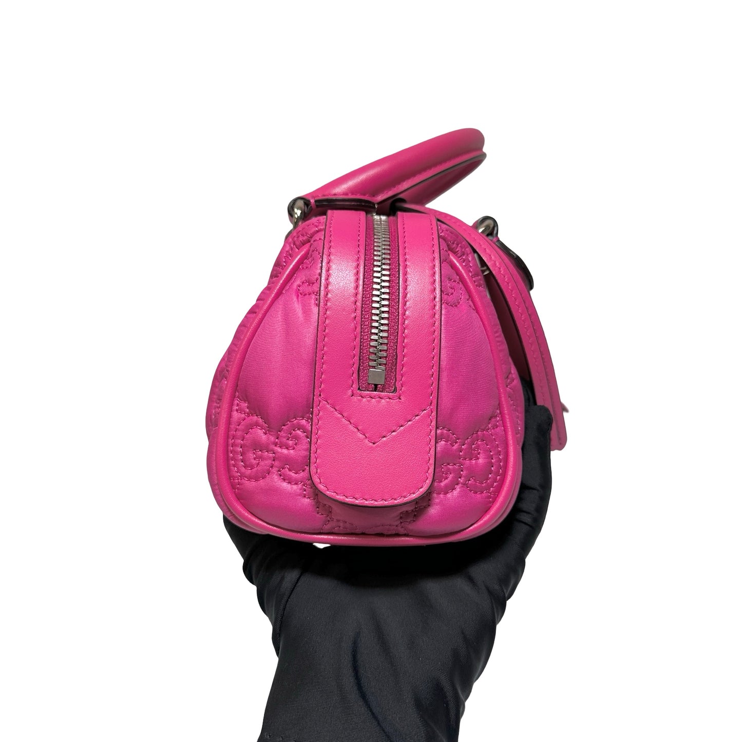Used GUCCI GG CANVAS Calfskin Leather GG Matelasse Mini Bowling Handbag Pink PHW