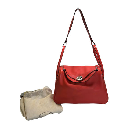 Used HERMES Clemence Lindy 26 Handbag Red PHW