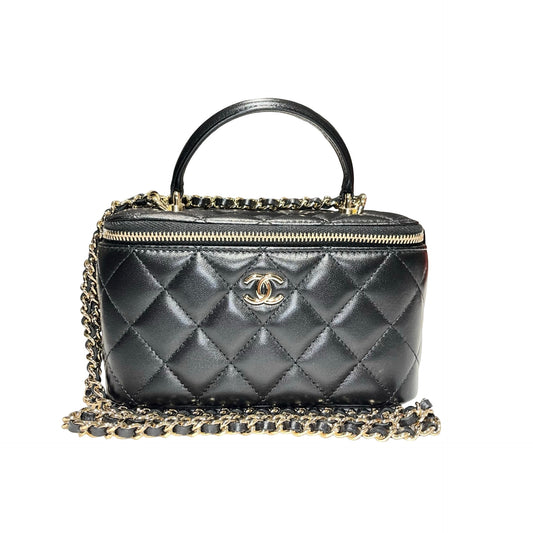 Used Chanel Lambskin Leather Vanity Case with Handle Chain Shoulder Bag Black GHW