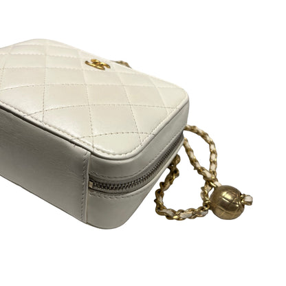 Used CHANEL Lambskin Leather Camera case with golden ball Camera Bag White GHW
