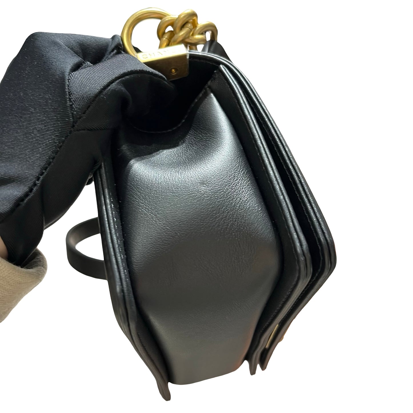 Used CHANEL Calfskin Leather Boy 20cm Shoulder Bag Black GHW