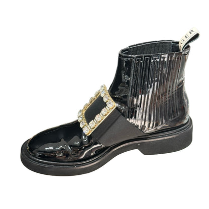 Used ROGER VIVIER Patent Leather Viv' Rangers Chelsea Boots Shoes Black GHW