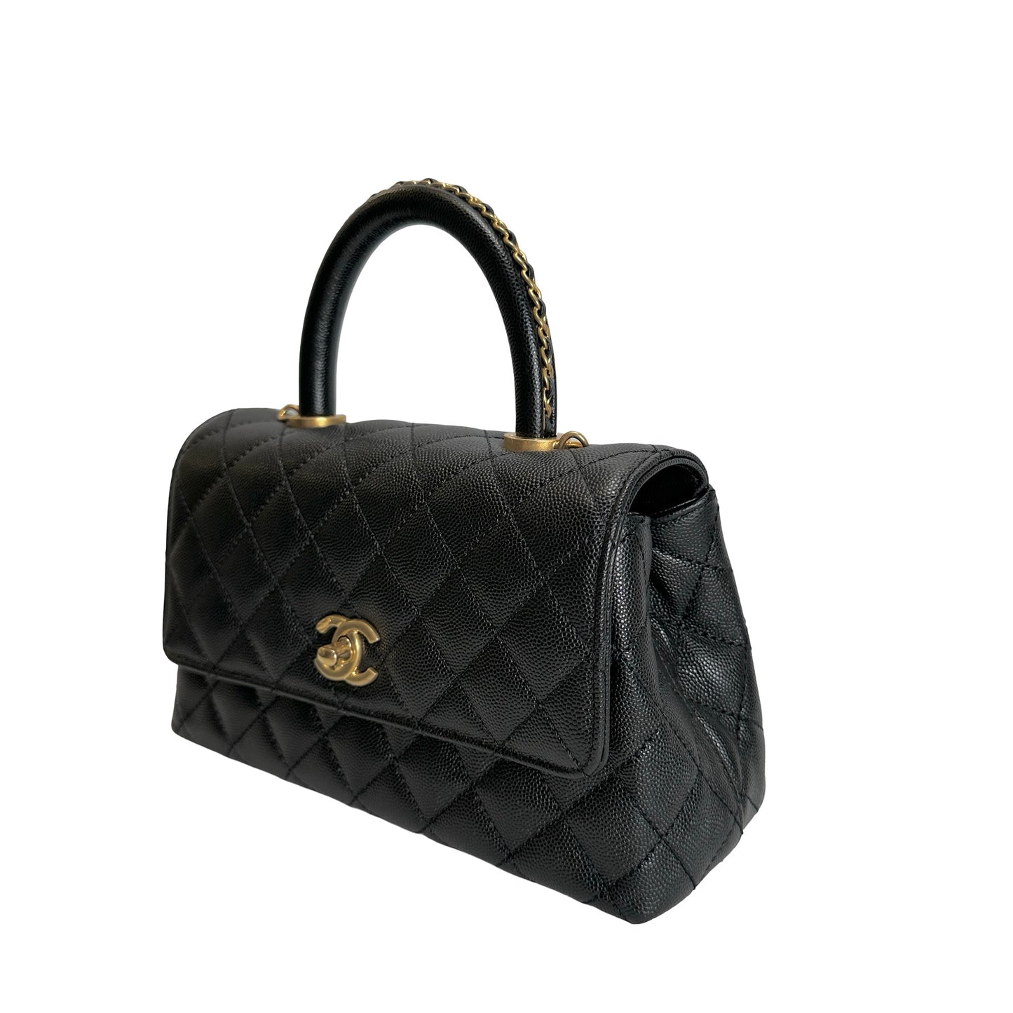 Used CHANEL Quilted Caviar Coco Handle Handbag Black Gold