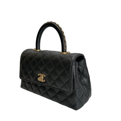 Used CHANEL Quilted Caviar Coco Handle Handbag Black Gold