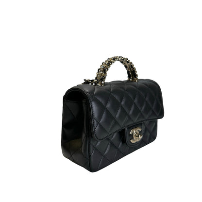 Used CHANEL Quilted Leather Mini Flap Bag with Top Handle Handbag Black
