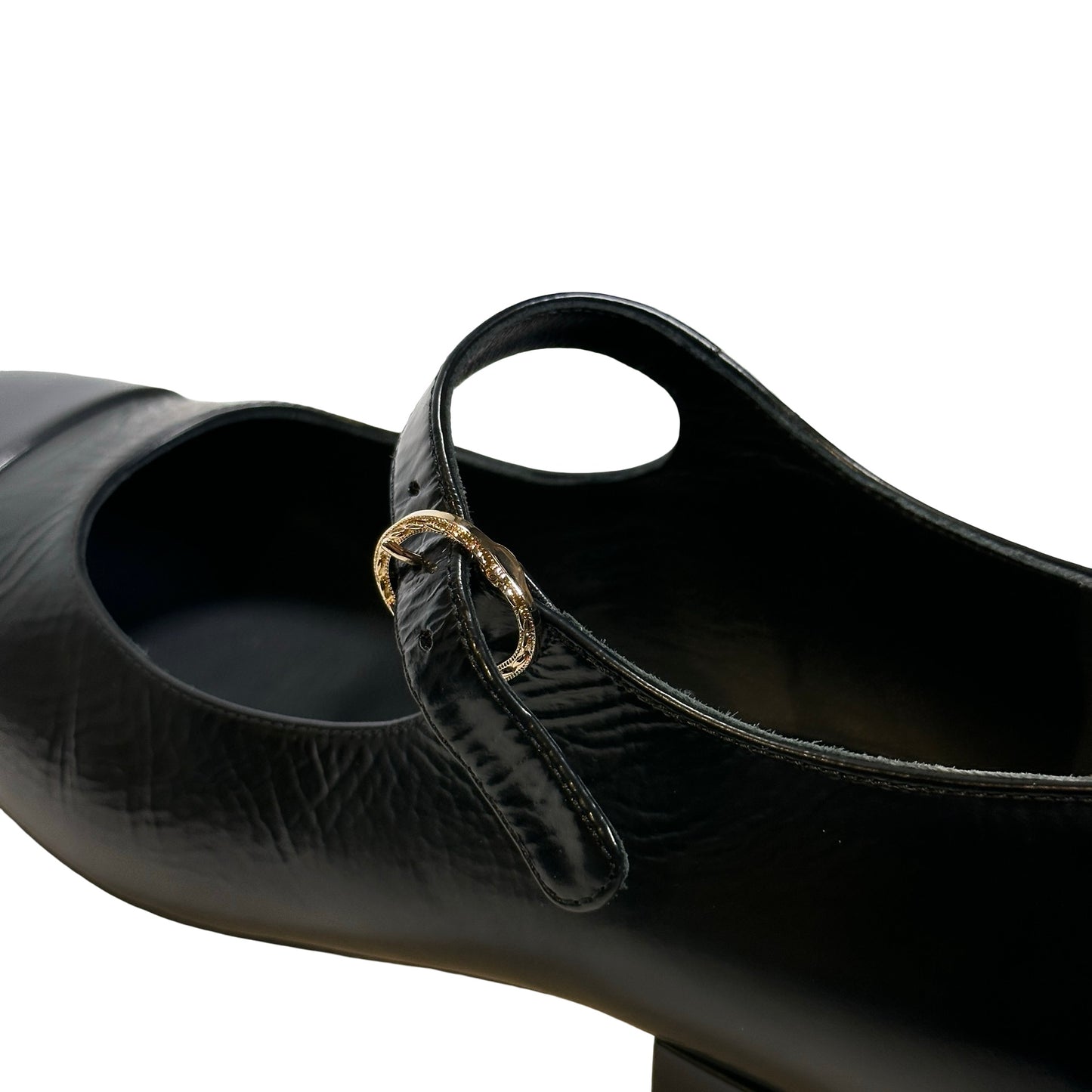 Used CHANEL Crinkled Calfskin Patent Calfskin Mary Jane Pumps Shoes Black GHW