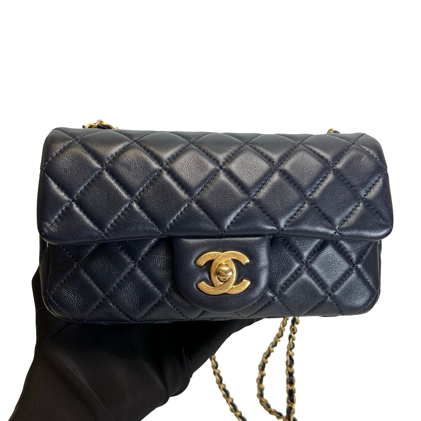 Used CHANEL Quilted Lambskin Classic Flap Chain shoulder bag Navy Blue