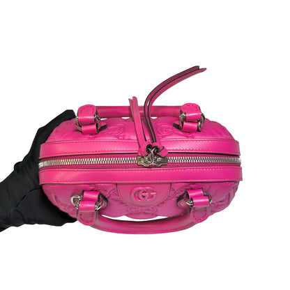 Used GUCCI GG CANVAS Calfskin Leather GG Matelasse Mini Bowling Handbag Pink PHW