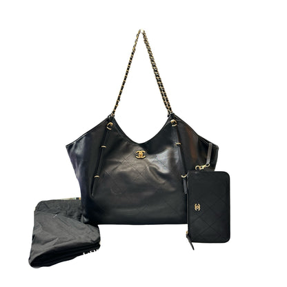 Used CHANEL Calfskin Leather New Chanel MAXI TOTE Shoulder Black GHW