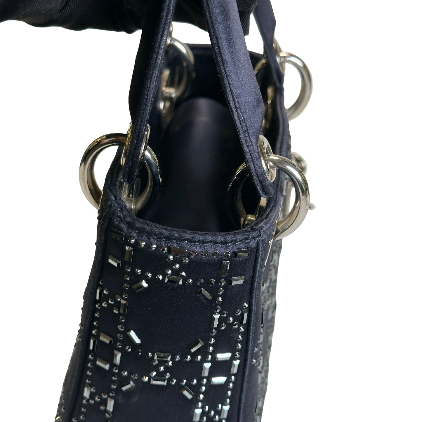 Used DIOR Cannage Rhinestone Lady Dior Handbag Black Silver