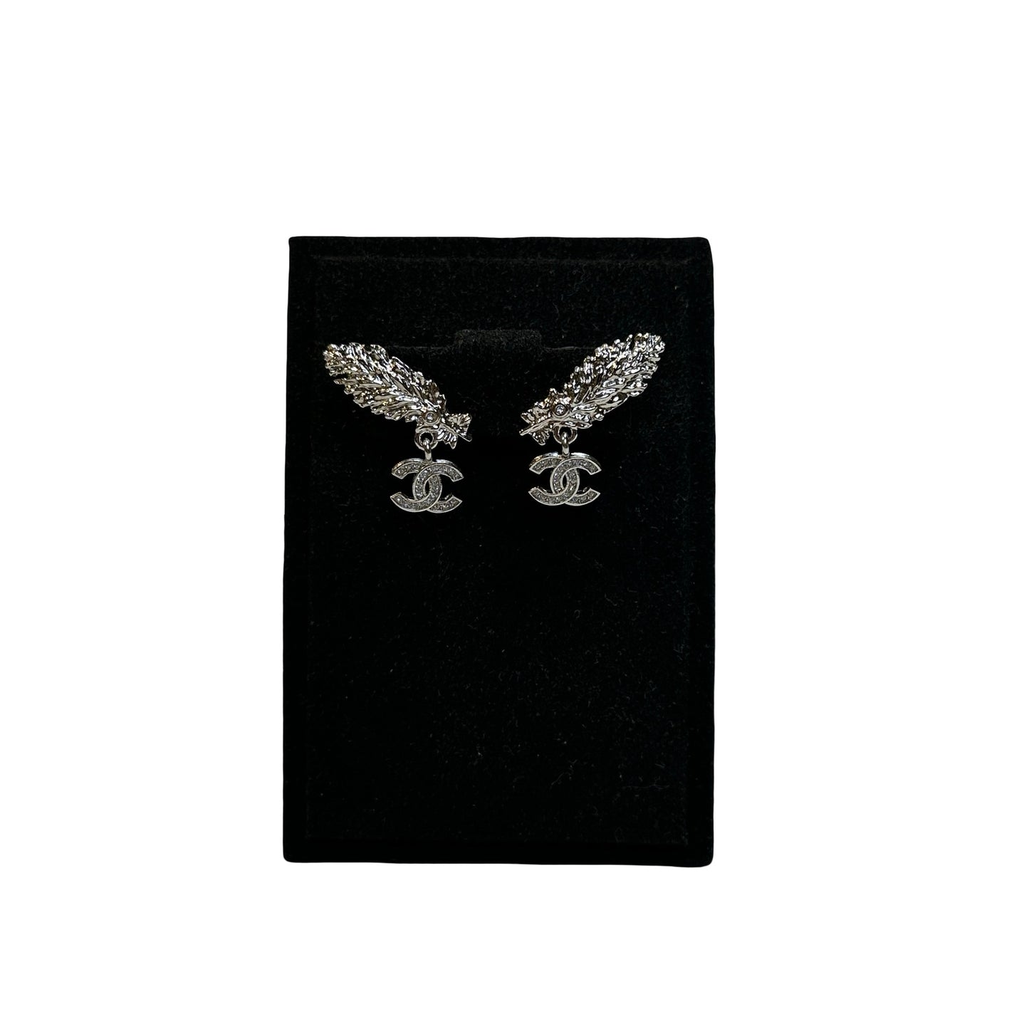 Brand New CHANEL Rhinestone CC Logo Leaf Earrings Earrings Sliver