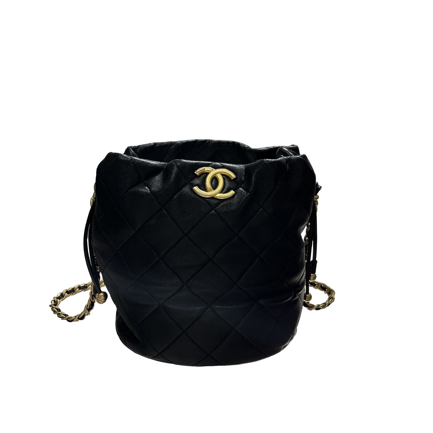 Used CHANEL Lambskin Leather Bucket Bag Black GHW