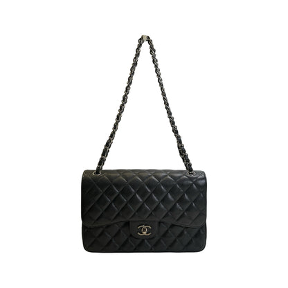 Used CHANEL Quilted Caviar leather Jumbo Single Flap Bag Shoulder Bag Black Silver hardware