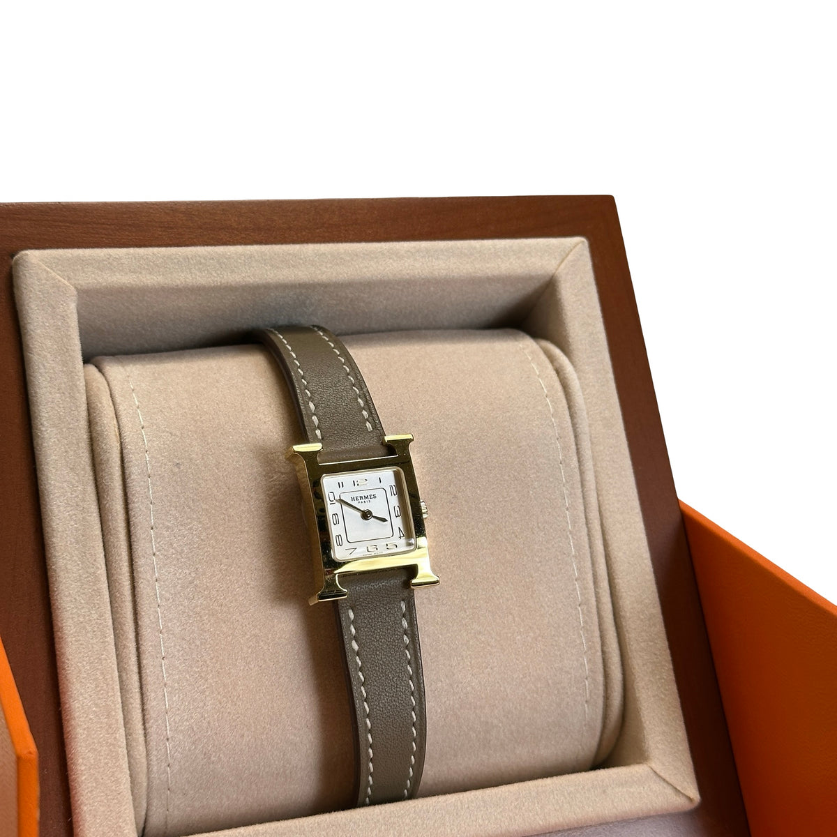 Used HERMES Leather Gold Plated Heure H Watch Green Gold White