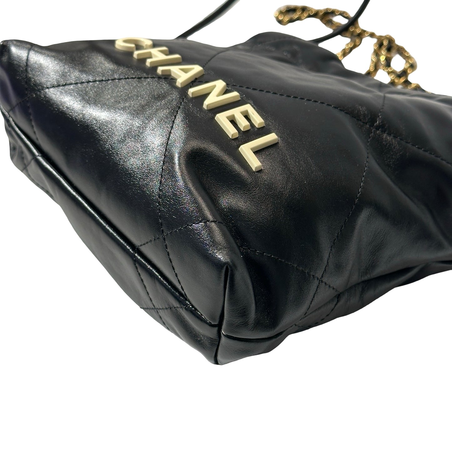 Used CHANEL Shiny Calfskin Mini 22 Shoulder Bag Black GHW