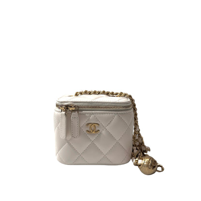 Used CHANEL Lambskin Leather Vanity Case with Gold Ball Cross Body Bag White GHW