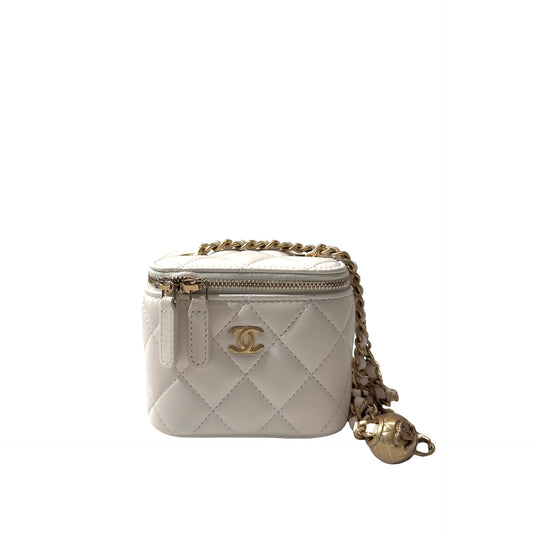 Used CHANEL Lambskin Leather Vanity Case with Gold Ball Cross Body Bag White GHW