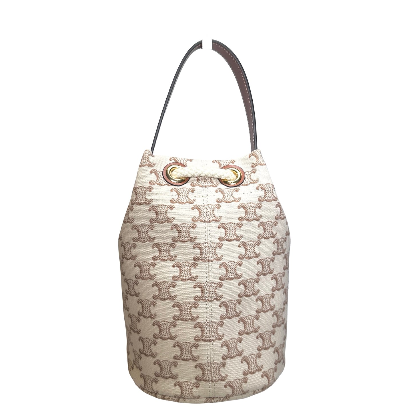 Used CELINE Triomphe Canvas Calfskin Teen Triomphe Drawstring Drawstring Bag Beige Brown GHW