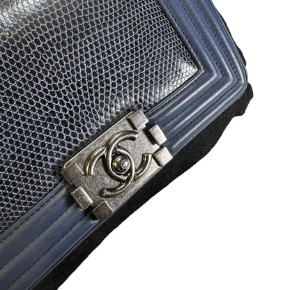 Used CHANEL Lizard Calfskin Boy Bag Shoulder Bag Navy Blue