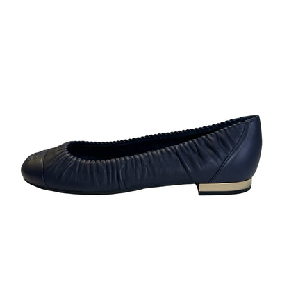 Used CHANEL Leather CC logo Ballet Flats Shoes Navy