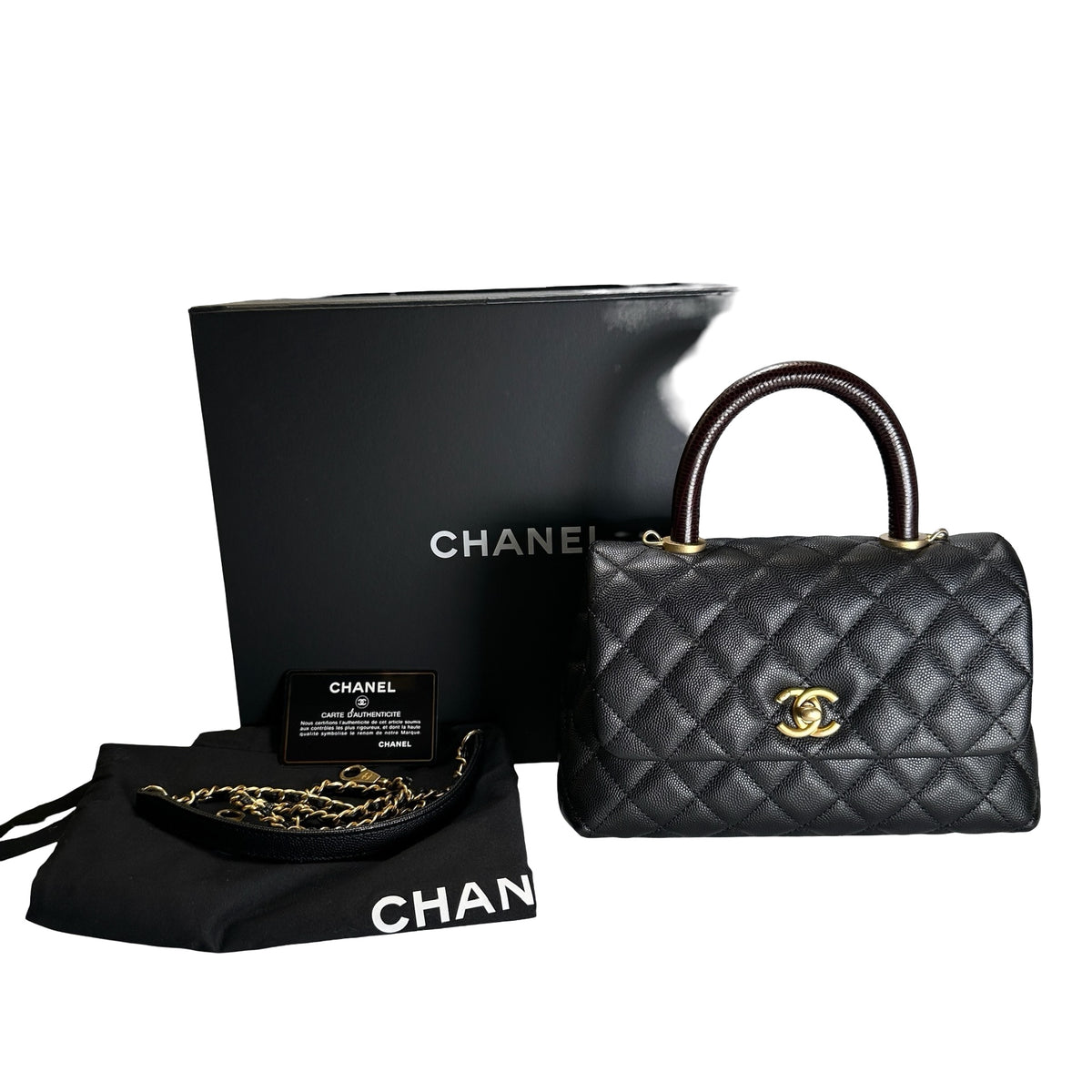 Used CHANEL Quilted Caviar Leather Coco Handle Handbag Black Gold