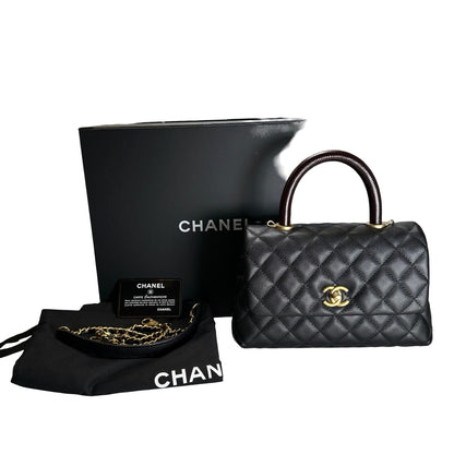 Used CHANEL Quilted Caviar Leather Coco Handle Handbag Black Gold