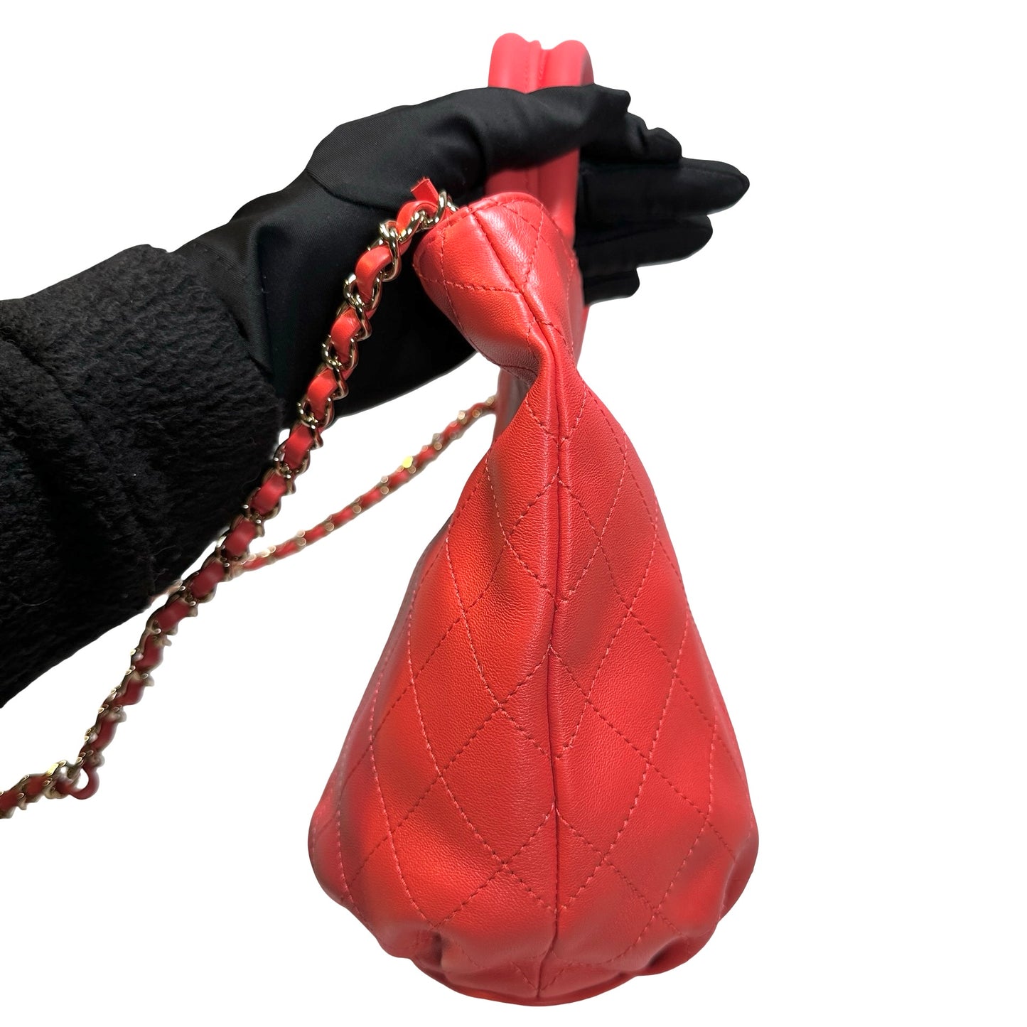 Used Chanel Lambskin Leather Bucket Bag Red PHW