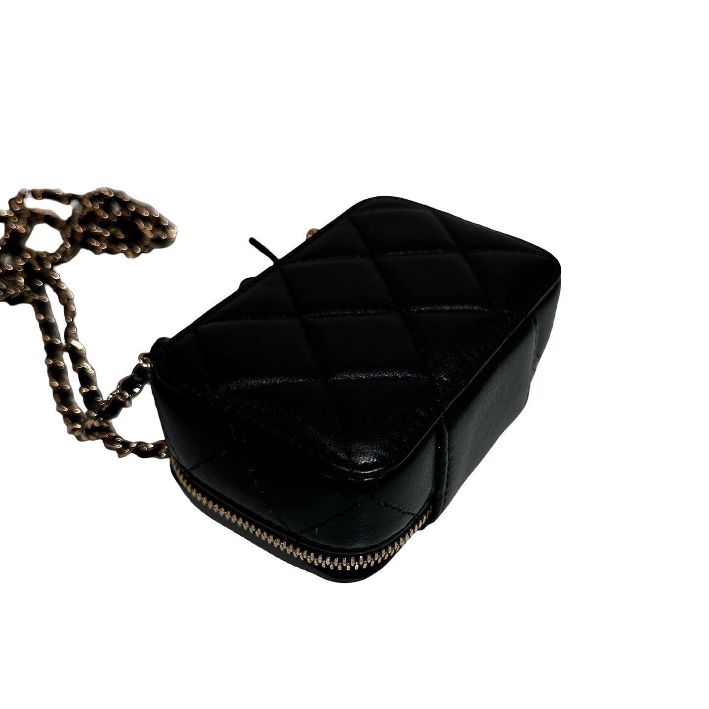 New CHANEL Lambskin Leather Vanity Case Shoulder Bag Gold Black GHW
