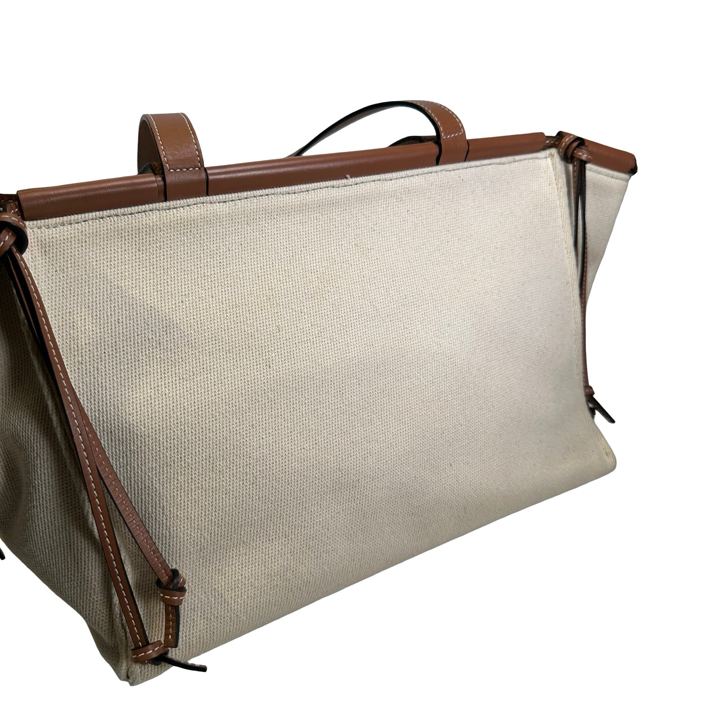 Used LOEWE Canvas Calfskin Cushion Tote Bag Ecru Tan